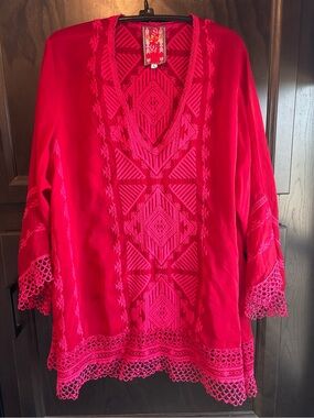 Johnny Was Embroidered Cupra Rayon Boho Tunic Top Lace Trim L Pink Red